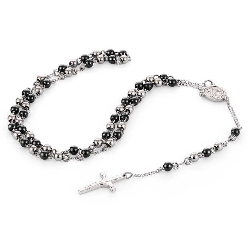 Cottvott Stainless Steel 6mm Beads Rosary Catholic Necklace Holy Medal & Crucifix 32 inch(silver black tone) - Image 3